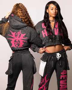 Custom Distressed <b>Embroidery</b> Zip up Hoodie Sweatpants <b>Set</b> Men's Manufacturer Tracksuit Rhinestone Sun Faded Acid Wash Sweatsuit - Product Image 6