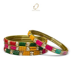 Nouvelles Bracelets Fantaisie en Verre Cachemire Doré Multicolore avec Pierres de Zircon Premium – Bijoux Indiens Ethniques de Mariage en Gros - Product Image 1