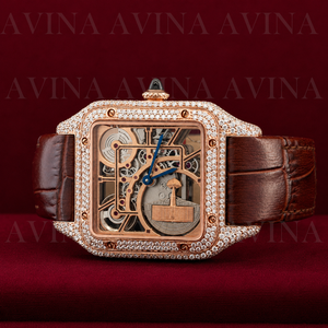 Reloj Automático de Lujo con Esqueleto para Hombre |   Reloj de Pulsera Mecánico de Cristal con Diamantes Cuadrados en Oro Rosa, Estilo Hip Hop |   Correa de Cuero Marrón - Product Image 4