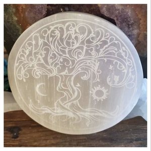Natural Polished Selenite Charging Plate Round <b>Tree</b> Life Engraving <b>Crystal</b> Cleansing Disc Reiki Meditation Portable Home Decor - Product Image 1