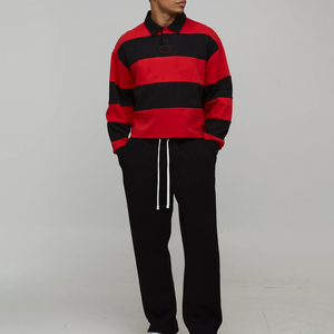 Men's Long Sleeve Striped <b>Polo</b> <b>Shirt</b> Cotton Knitted Casual Color Blocked Front Logo <b>Red</b> Black - Product Image 3
