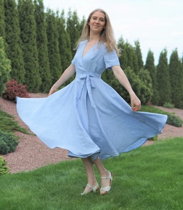 Nouvelle arrivée, robe en coton bleu mi-longue, robe de demoiselle d'honneur pastel, robe de mariage, robe formelle bleu clair, été, pour femmes - Product Image 1