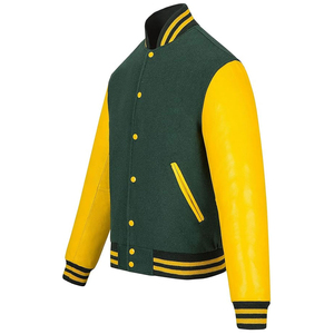 เสื้อแจ็คเก็ตวาร์ซิตี้สีเขียวและสีเหลืองสำหรับผู้ชาย แขนเสื้อทำจาก PU ปกเสื้อพับได้ สวมใส่สบายๆ ในฤดูใบไม้ร่วง - Product Image 4
