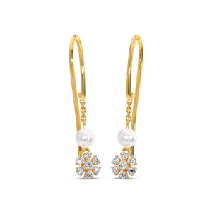 Floral Bloom Diamond <b>Threader</b> Drop <b>Earrings</b> with White Stone Chain Accent - Product Image 4