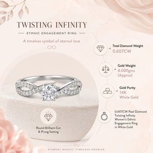 Anillo de compromiso étnico para mujer con diamantes reales de 0.60TCW, diseño de infinito retorcido, en oro blanco con corte brillante redondo y engaste de puntas. - Product Image 5