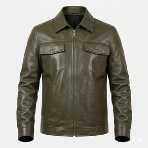 Veste en cuir d'agneau véritable vert olive pour homme, coupe ajustée, style décontracté, effet vieilli, pour l'hiver, style motard, avec poches, personnalisable OEM - Product Image 5