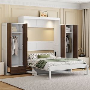 Lit Murphy pleine taille blanc avec tiroirs de rangement et table - Lit mural avec fonctions de rangement pratiques - Product Image 1