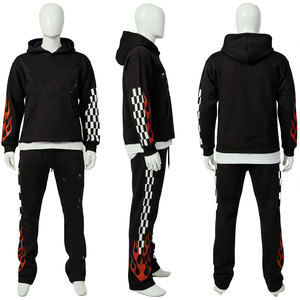 Conjunto Deportivo Unisex Negro con Capucha, Transpirable, 2 en 1, Estampado a Cuadros con Llamas, Sudadera de Algodón y Pantalones Jogger, Ropa de Otoño - Product Image 5