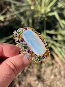 AAA White Baguette <b>Opal</b> Natural Multi Gemstone 925 Sterling <b>Silver</b> Gold/ big luxury cocktail <b>ring</b> - Product Image 6