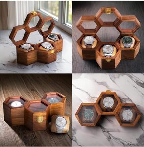 Boîte de rangement et de présentation de montres hexagonale en bois poli avec nœud en ruban doré, emballage cadeau pour montres-bracelets pour hommes - Product Image 2