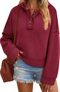 Sudadera Corta de Alta Calidad para Mujer, Sudadera Informal con Capucha, Manga Larga, Cuello en V, Sudadera con Botones - Product Image 4