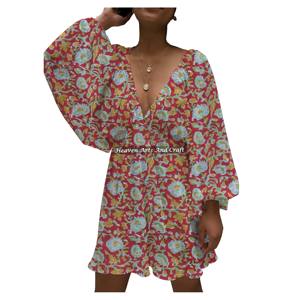 Vestido Casual de Verano para Mujer con Estampado Artesanal, Cuello en V Profundo y Manga Linterna, Ajustado y Sexy, Ideal para Club - Product Image 3
