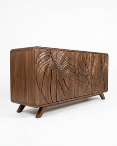 Aparador de Madera Hecho a Mano con Diseño de Hojas Talladas, Mueble de Almacenamiento Moderno de Mediados de Siglo para Sala de Estar - Product Image 1