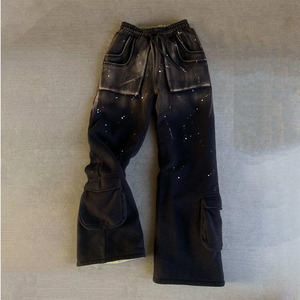 Pantalon décontracté à jambe large pour homme, 100% coton, style streetwear, avec logo imprimé en relief personnalisé, délavé à l'acide et orné de strass, qualité supérieure - Product Image 2