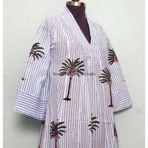 Robe longue bohème imprimée palmiers, écologique, faite main en coton, col en V, style hippie, grande taille, taille naturelle, respirante pour femme - Product Image 5