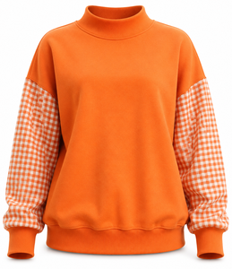Sweat-shirt personnalisé pour femme à col montant, motif gingham, lettres appliquées, manches patchwork, épaules tombantes, coupe oversize, fabrication sur mesure - Product Image 2