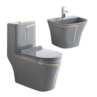 Ensemble WC monobloc noir de luxe et lavabo suspendu, WC en céramique à poser au sol avec ligne dorée pour salle de bain