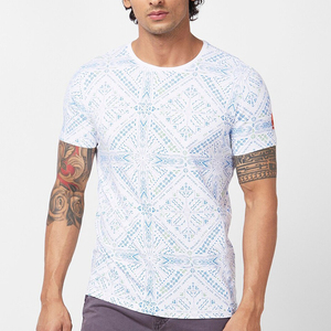 T-shirt en coton à manches courtes pour homme, imprimé géométrique blanc, col rond, coupe classique, jersey décontracté - Product Image 4