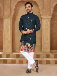 Conjunto de Kurta y Pijama para Hombre, en Rayón Pesado, Bordado, con Estampado de Diseñador - Product Image 3