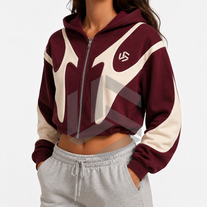 Women's <b>Cropped</b> <b>Zip</b>-<b>Up</b> Hoodie Color Blocked Maroon for Full Sleeve Hooded Sweatshirt Breathable Knitted Fabric Winter Front - Product Image 2