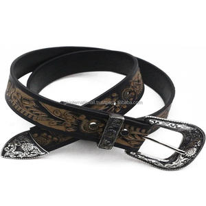 Ceinture occidentale en cuir véritable usinée à la main avec boucle de maintien et boucle florale occidentale sculptée antique - Product Image 3