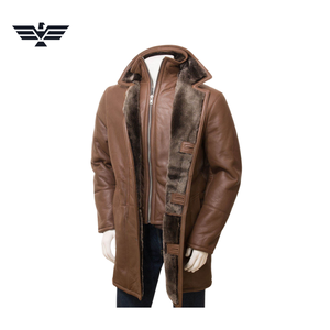 Veste de moto longue en cuir PU marron pour homme, doublure en fausse fourrure, col montant, fermeture éclair, coupe-vent, hiver, vintage, décontractée - Product Image 1