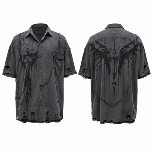 เสื้อเจอร์ซีย์สีดำทรงโอเวอร์ไซส์สไตล์โกธิค แขนสั้น ผ้าฝ้าย 100% แต่งโซ่ ดีเทลขาดๆ แบบไฮสตรีท - Product Image 1