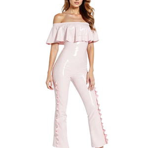 Women's Off Shoulder Ruffle <b>Jumpsuit</b> High Waist Solid Color PU Coated Sexy Clubwear Ankle Length Skinny Fit Spring Summer - Product Image 4