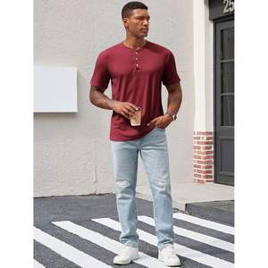 Camiseta Henley básica para hombre 2025, camiseta de verano ajustada, camisetas informales con botones, manga corta, cómoda, elástica, básica, Henley de verano - Product Image 5