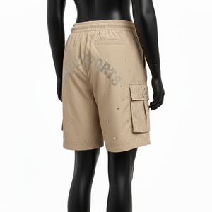 Shorts cortavientos de microfibra de nylon de alta calidad para mujer, color caqui, con bolsillos cargo, logotipo personalizado con pedrería, shorts para mujer - Product Image 5