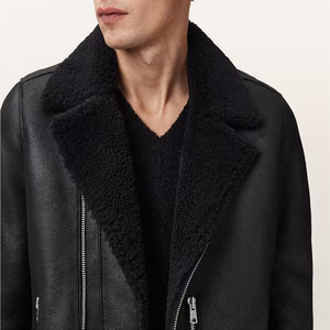 Chaqueta de Cuero Genuino para Hombre, Estilo Motero, con Cuello Alto, Cierre de Cremallera, Impermeable, Forro de Piel Sintética y Logotipo, Corte Regular para Invierno - Product Image 6