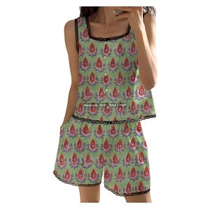 Excellent Quality Print Hand Block Print Lace <b>Trim</b> Shorts Pajama Set Cotton Spring/Summer Floral Sleeveless Pj Set Block Printed - Product Image 4