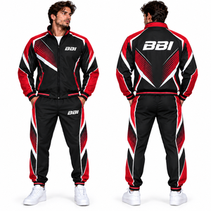 Conjunto deportivo personalizado para hombre en negro, rojo y blanco, con paneles de líneas de velocidad, chaqueta cortavientos con cuello tipo túnel y pantalones jogger a juego con puños. - Product Image 1