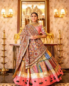 <b>Indian</b> Designer Floor-Length Loose Fit Lehenga Muslin Cotton Printed & Mirror Work Lampi Lace Work Lehenga & Choli Print Dupatta - Product Image 2
