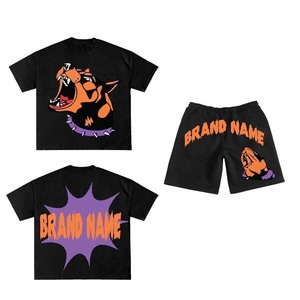 Premium 240 GSM Cotton Women T Shirt And Short <b>Set</b> Black Puff Print Screen Print Custom Logo 100% Cotton T shirt & Short <b>Set</b> - Product Image 5