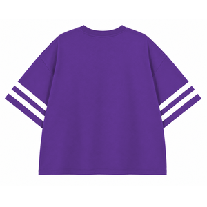 เสื้อยืดผู้หญิง NCNW ประดับเพชรเทียม สีม่วงขาว ลายตัวอักษรกรีก คอกลม แขนลายทาง ทรงหลวม สไตล์ลำลอง พิมพ์ลายกราฟิก - Product Image 4