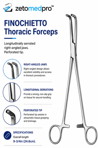 Pinzas Toracoscópicas FINOCHIETTO con Mordazas Longitudinalmente Dentadas en Ángulo Recto, Punta Perforada, 9-3/4in (24.8cm) de Longitud Total, ZETOMEDPRO - Product Image 3