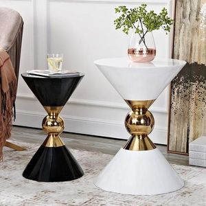 Renzo Round <b>Hourglass</b> End Table Black White Finish Antique Gold Pedestal Base Modern Accent Luxury Side Table Metal - Product Image 5