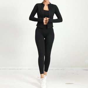 Trendy 3PCS Yoga Tracksuit Women Breathable Sportswear Set Gym Bra Leggings and Athletic Jacket Spandex/Nylon Eco-Friendly - Product Image 1