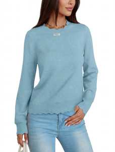 ONETEN Suéter de punto de manga larga con cuello redondo azul claro para mujer, jersey informal de otoño - Product Image 4