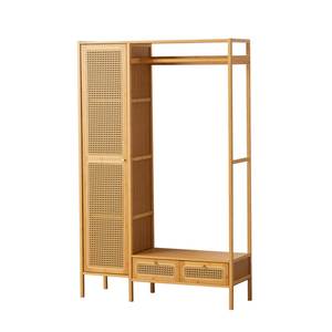 Natural Teak Wood Wardrobe Closet <b>Storage</b> <b>Unit</b> with Hand-Woven Rattan Cabinets and <b>Open</b> Hanging Rail - Product Image 1