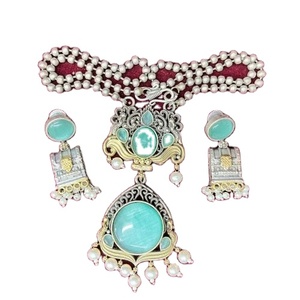 Oxidized <b>Solid</b> Brass Zinc Alloy Natural Dual Tone Monalisa Stone Pendant Jhumka <b>Necklace</b> Earrings Luxury Wedding Jewelry Set - Product Image 1