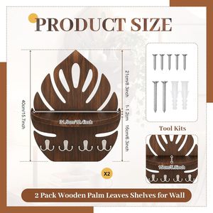 Juego de 2 estantes de pared con forma de hoja de Monstera con soporte para llaves, 15.8 x 12.4 pulgadas, estantes flotantes de madera rústica, decoración de pared tropical estilo boho. - Product Image 4