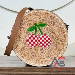 2026 Checkered Cherry Design Hand Tooled Floral Round Crossbody Handbags Genuine Leather Evening Shoulder <b>Bags</b> for Daily Use - Product Image 1