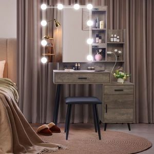 FCH 2-Drawer 1-Door 2-Shelf Grey Dressing <b>Table</b> Set <b>Mirror</b> Cabinet 3-Light Bulbs Triamine Veneer Iron Legs Makeup Vanities - Product Image 6