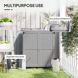 Banco da Giardinaggio in Legno Grigio con 2 Ante, Armadio per Esterni e Ripostiglio per Attrezzi da Giardino con Piano in Metallo e Mensola - Product Image 4