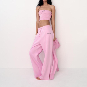 Custom Solid Cotton Lightweight Lady Tube Top and Wide Leg Jogger <b>Pants</b> Set Women Two Piece Jogging Outfit - Product Image 2