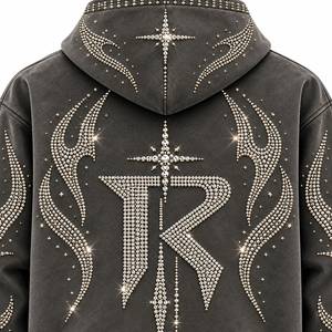 Sweat-shirt à capuche pour homme, orné de strass, style streetwear, coupe classique, gris uni, coton French Terry, hiver, éco-responsable - Product Image 5