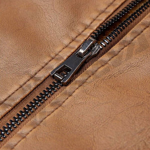 Men's Brown Genuine Leather Moto <b>Jacket</b> Stand Collar Zipper Closure Chest Pockets Sherpa Lining <b>Winter</b> Style - Product Image 2
