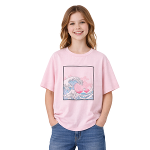 T-shirt à manches mi-longues en coton de qualité supérieure pour filles, motif vague océanique rose, tee-shirt décontracté pour enfants - Product Image 1